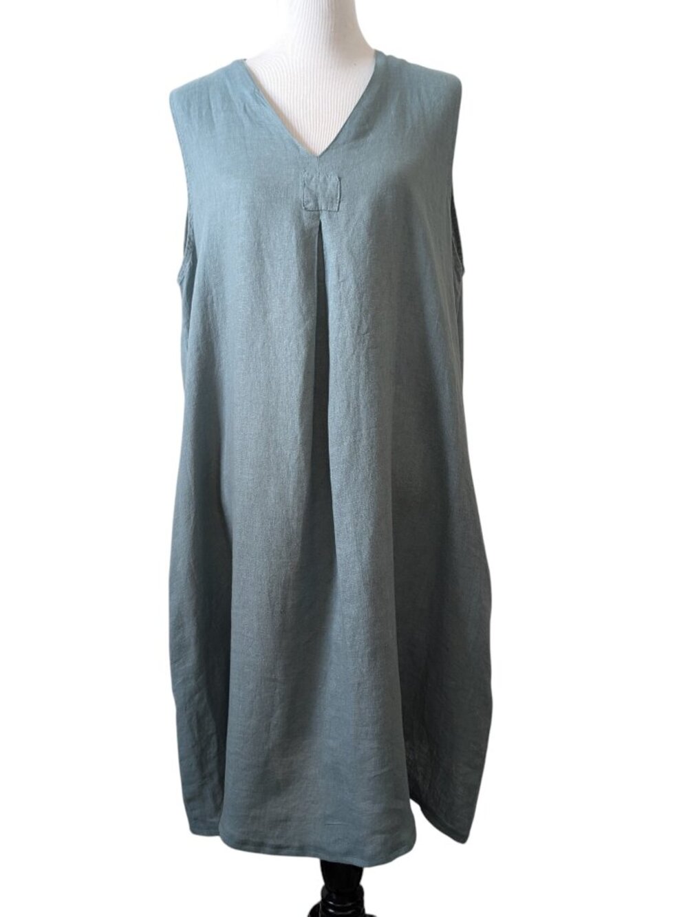 Liabella Womens OSFM Blue Gray Linen? Lagenlook Sleeveless V-Neck Pockets Dress